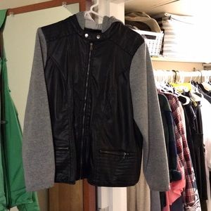 Hooded leather/sweatshirt jacket